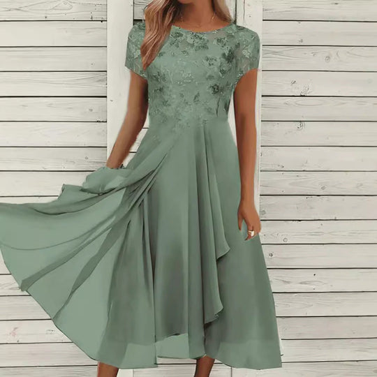 Damen nan fließendes Chiffon-Midikleid mit blumenbesticktem Oberteil und asymmetrischem Stufenrock - Vittorelli