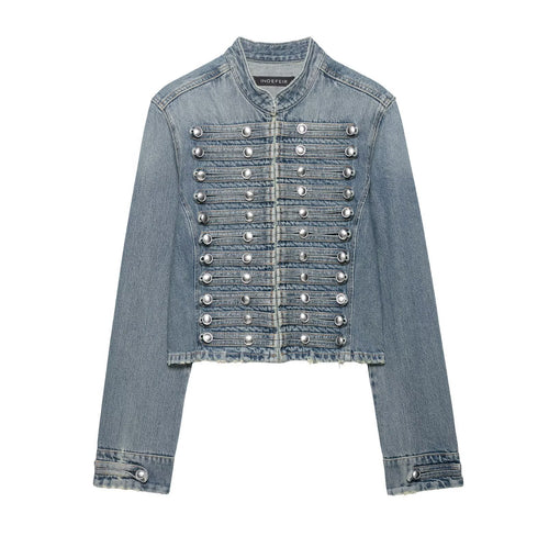 Damen Kurz geschnittene Military-Jeansjacke mit dekorativen Band-Details und Metallnieten Nord Taschen