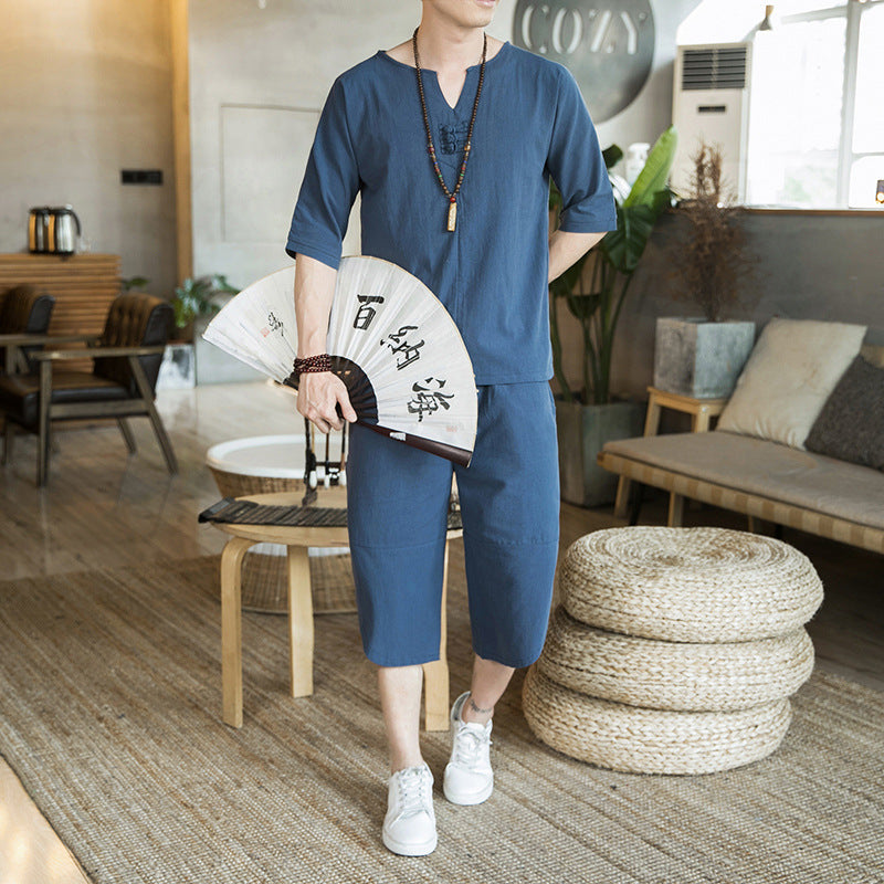 Herren Leichtes Leinen-Relax-Set mit dreiviertelärmeliger Tunika und verkürzter Culotte-Hose Nord Taschen