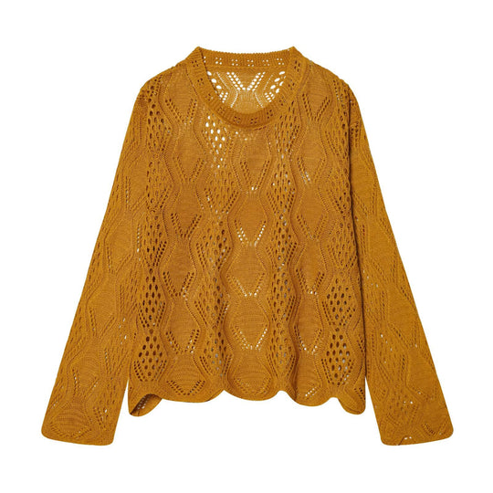 Damen Lochstrick-Pullover mit Zopfmuster und geschwungenem Saum Nord Taschen