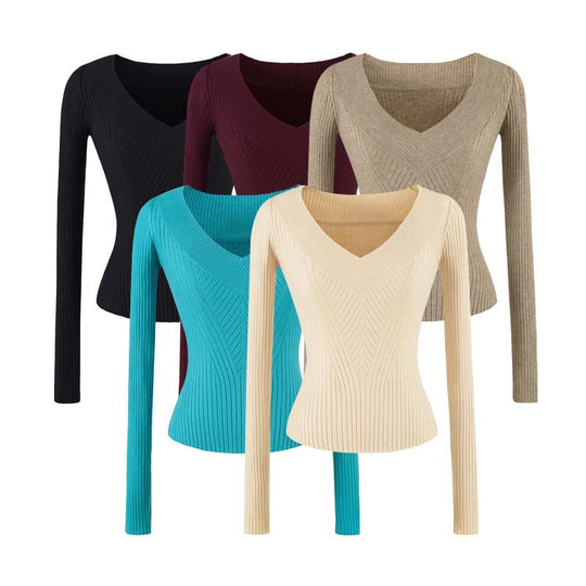 Damen Taillierter Rippstrick-Pullover mit V-Ausschnitt und formgebender Struktur Nord Taschen