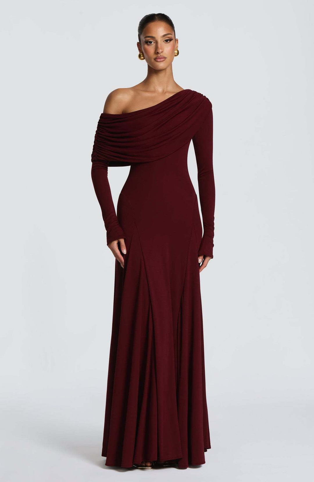 Damen Elegantes Langarm-Maxikleid mit asymmetrischem Drapierungsdetail