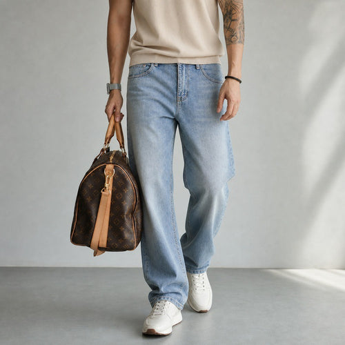 Damen Weite High-Waist Denim-Jeans mit ausgestelltem Bein und Vintage-Waschung Nord Taschen