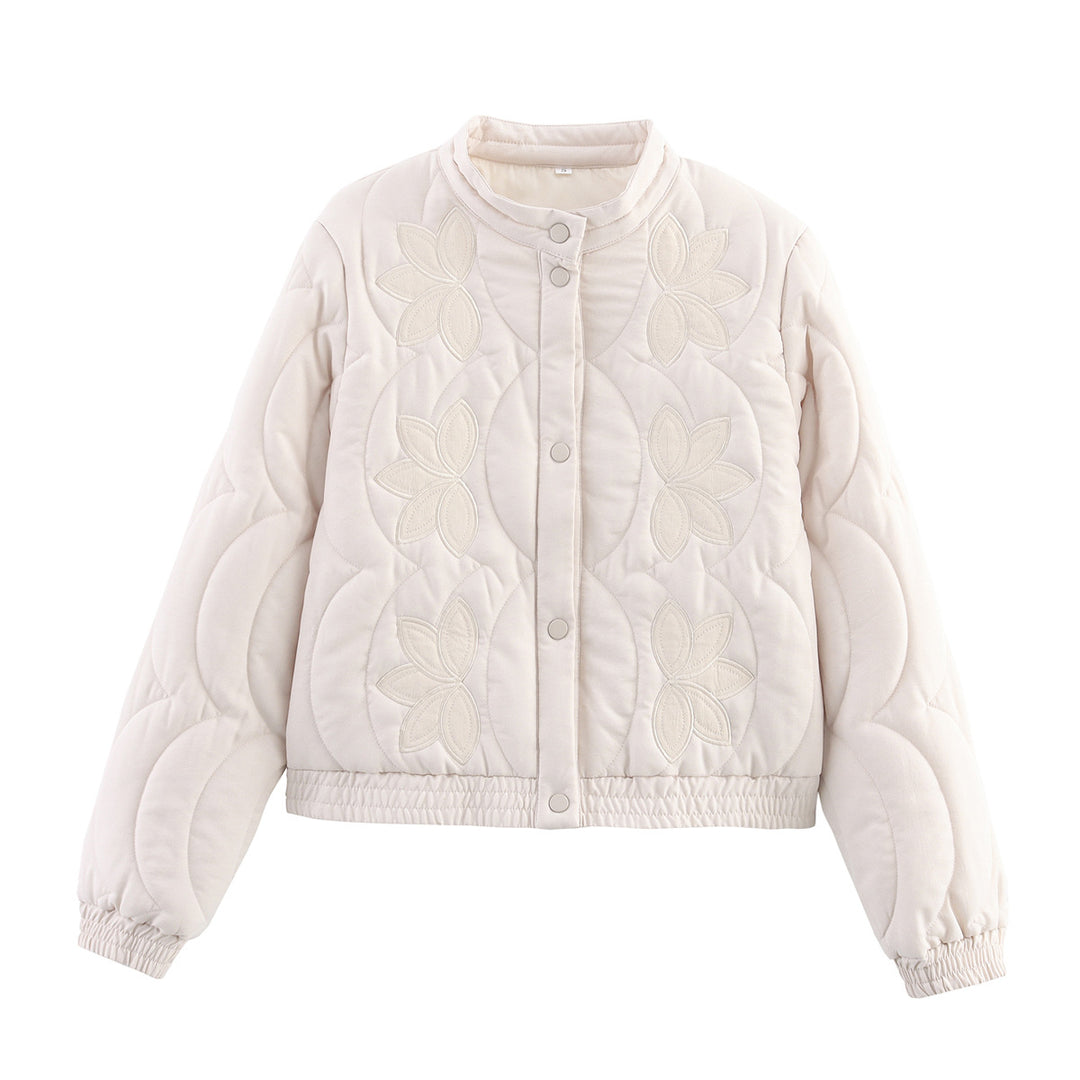 Damen Kurz geschnittene Steppjacke mit floralen Applikationen und elastischem Saum Nord Taschen
