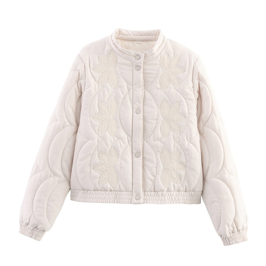Damen Kurz geschnittene Steppjacke mit floralen Applikationen und elastischem Saum Nord Taschen