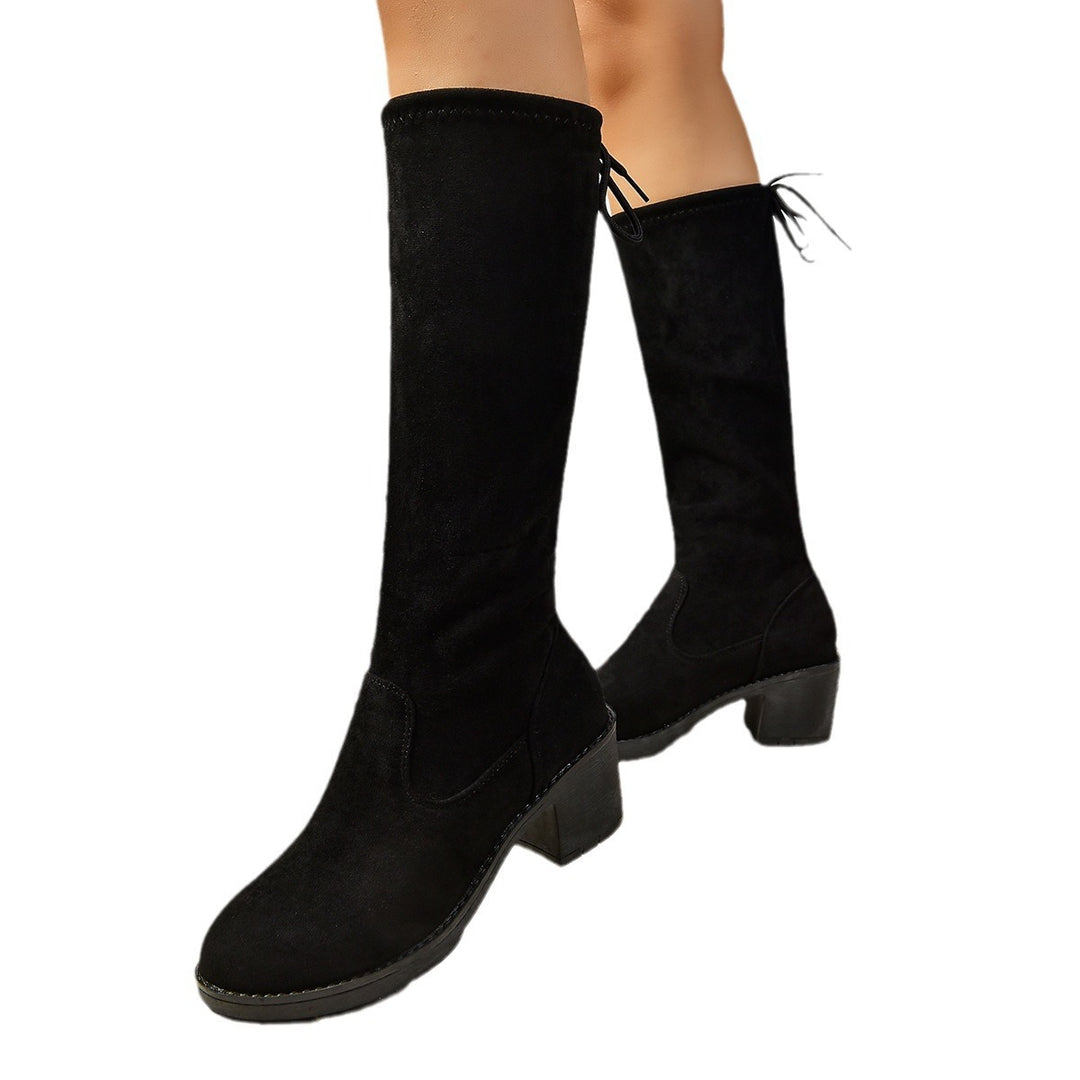 Damen Kniehohe Stiefel mit Blockabsatz, Velours‑Optik, elastischem Schaft und rückseitiger Zierschnürung Nord Taschen