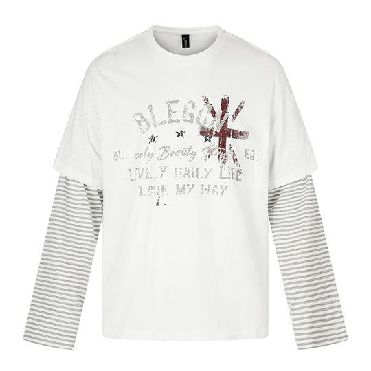 Damen Lagen-Langarmshirt mit gestreiften Einsatzärmeln und Vintage-Print Nord Taschen