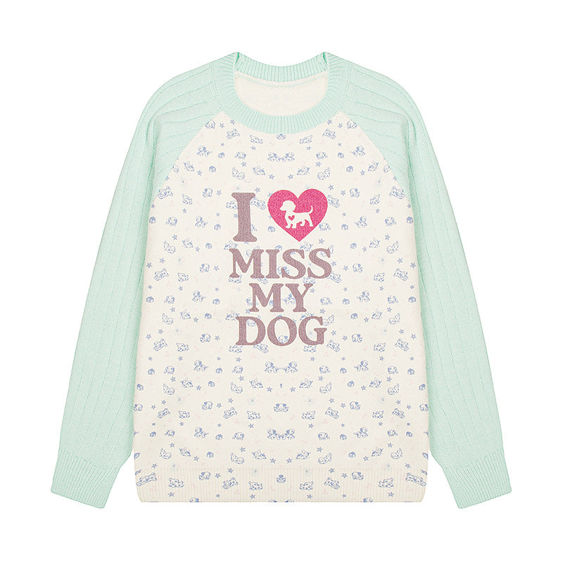 Damen Strickpullover mit Raglanärmeln, Allover-Hundemotiv und Statement-Print Nord Taschen