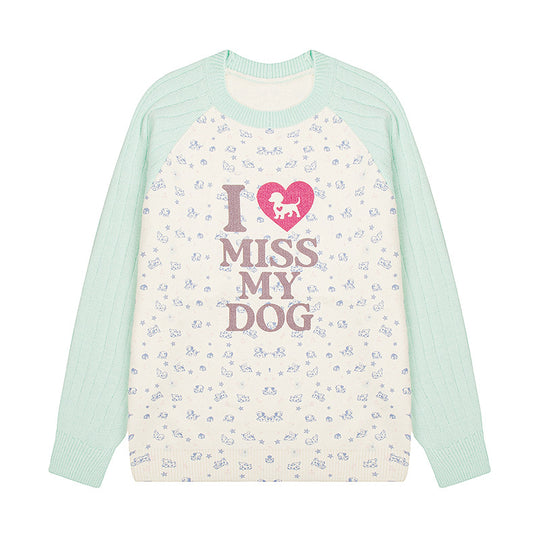 Damen Strickpullover mit Raglanärmeln, Allover-Hundemotiv und Statement-Print Nord Taschen