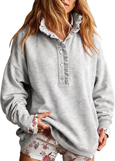 Damen Oversize-Sweatshirt mit Rüschenkragen und Druckknopfleiste Nord Taschen