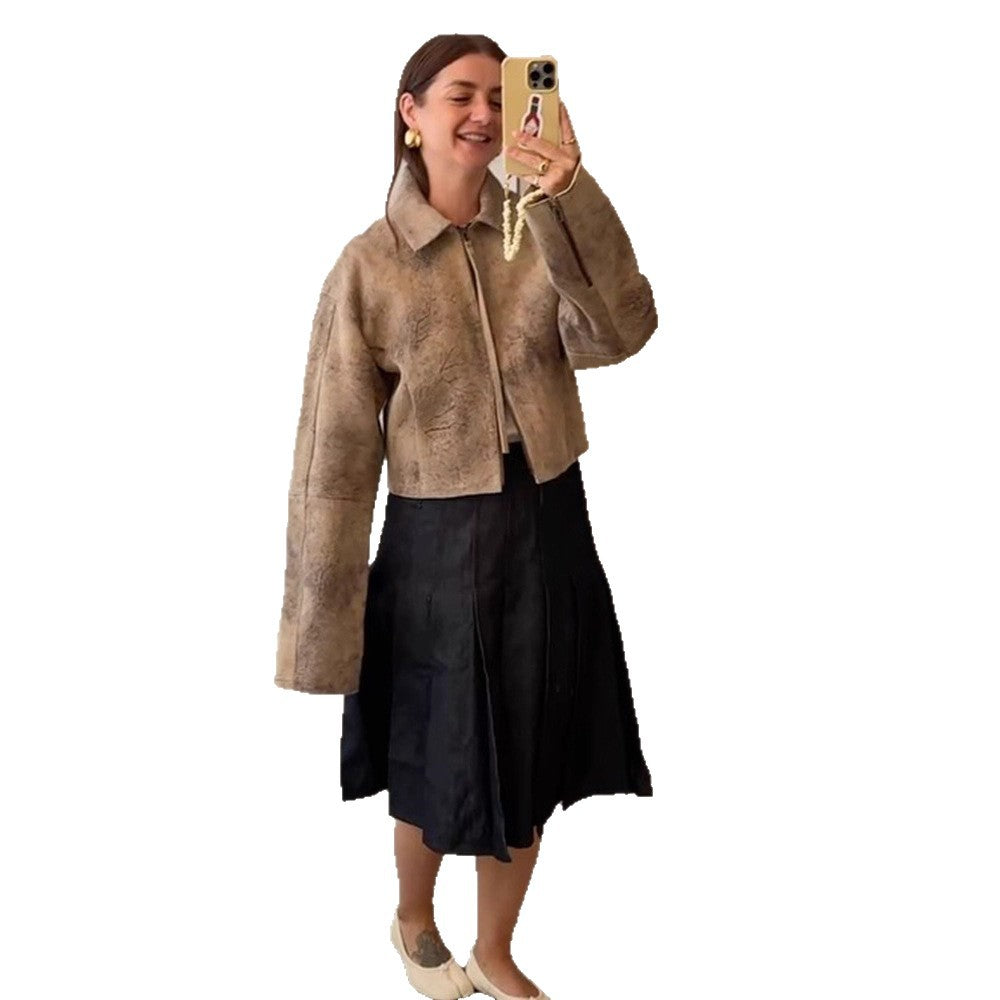 Damen Kurz geschnittene Velourslederjacke in Used‑Optik mit extra langen Ärmeln und Zwei‑Wege‑Reißverschluss Nord Taschen