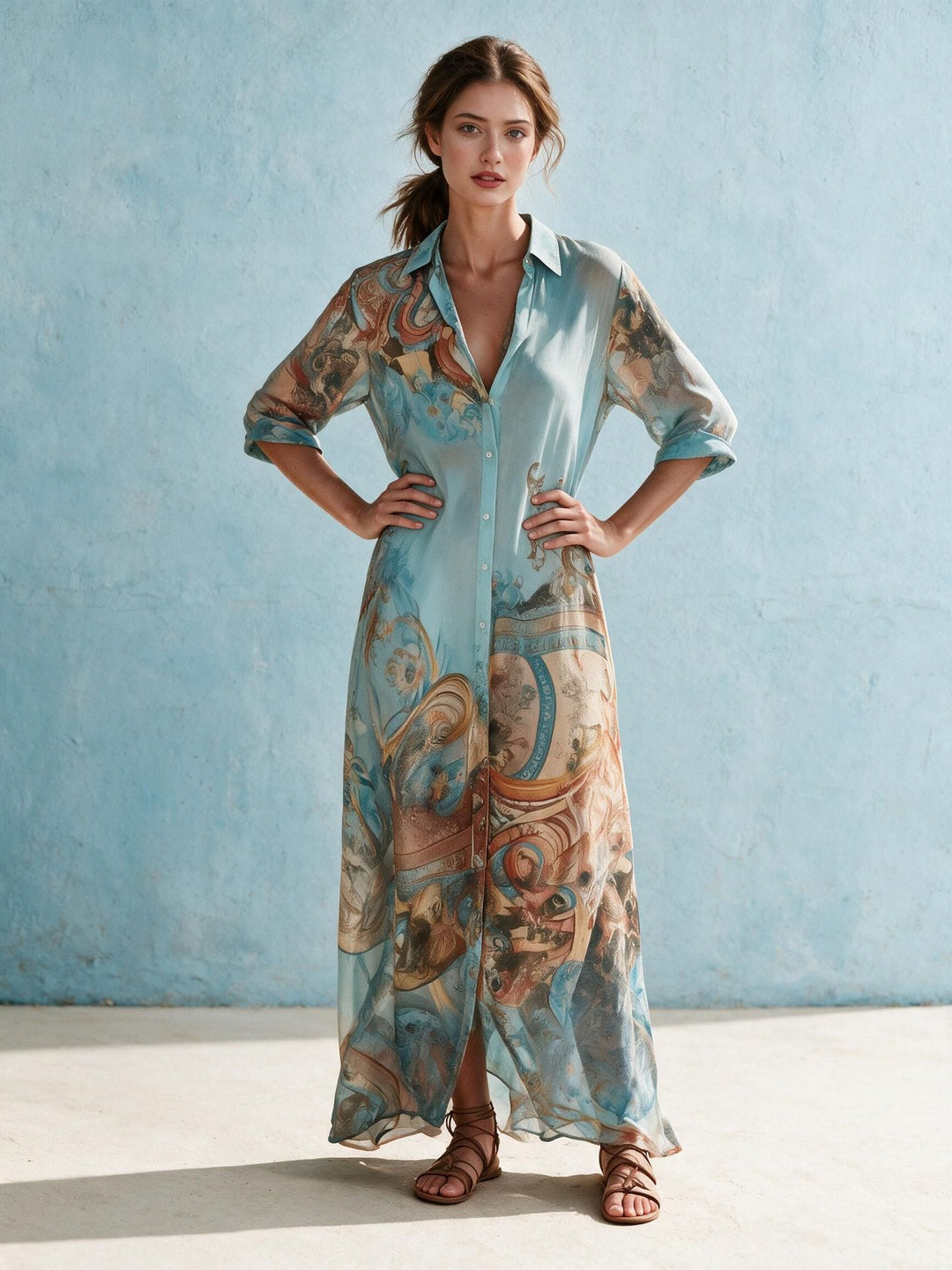 Damen Hemdblusenkleid Maxikleid in fließender Seidenoptik mit kunstvollem Allover-Print und 3/4-Ärmeln Nord Taschen