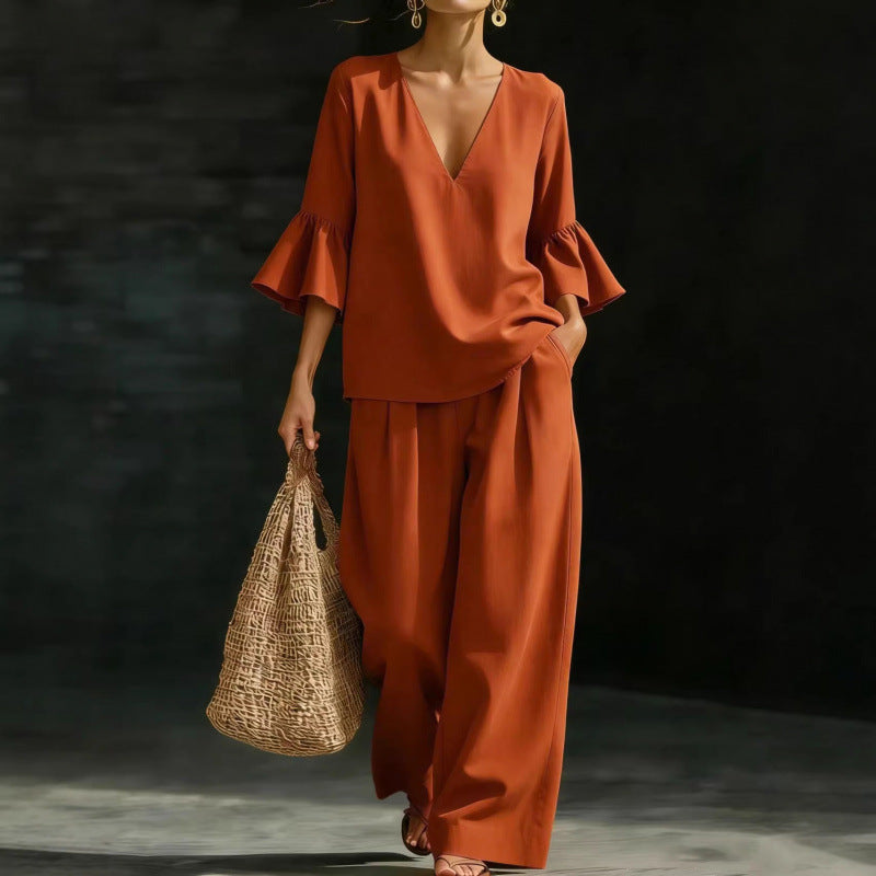 Damen Zweiteiliges V-Ausschnitt-Tunika-Set mit Volantärmeln und weitem hochtaillierten Palazzo-Hose Nord Taschen