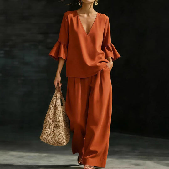 Damen Zweiteiliges V-Ausschnitt-Tunika-Set mit Volantärmeln und weitem hochtaillierten Palazzo-Hose Nord Taschen