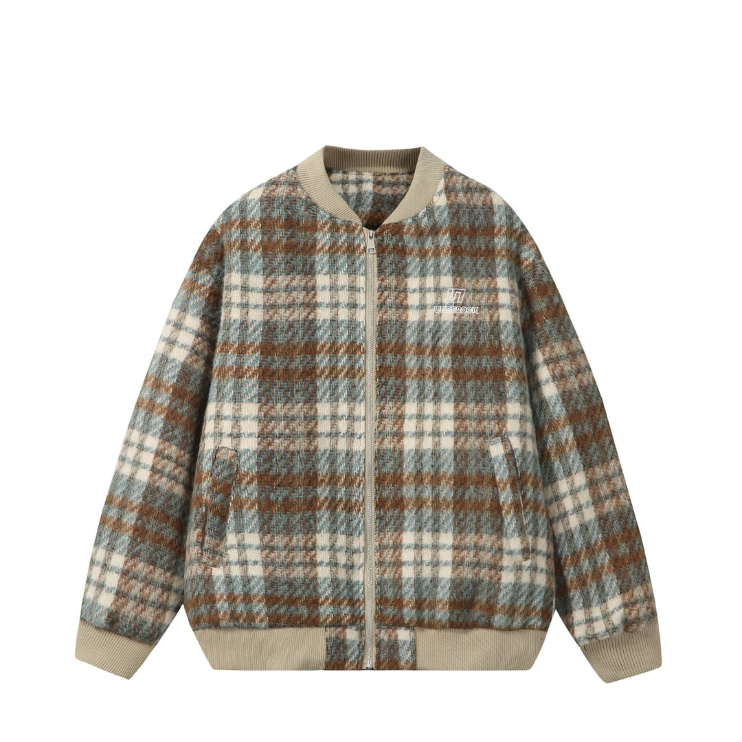 Unisex Kurzer kastig geschnittener Wollmix‑Bomber mit Karomuster und Rippenbund Nord Taschen
