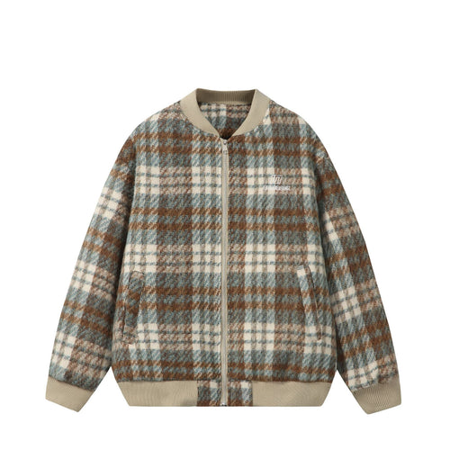 Unisex Kurzer kastig geschnittener Wollmix‑Bomber mit Karomuster und Rippenbund Nord Taschen