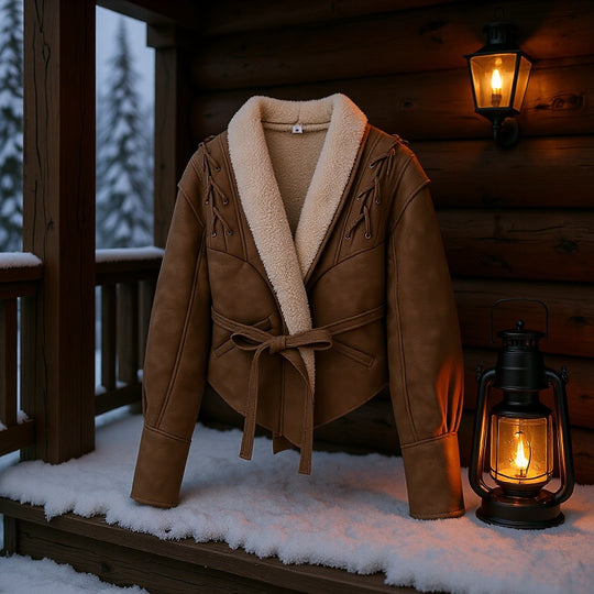 Damen Kurzjacke im Aviator‑Look mit Sherpa‑Futter, Bindegürtel und Schulter‑Schnürung Nord Taschen
