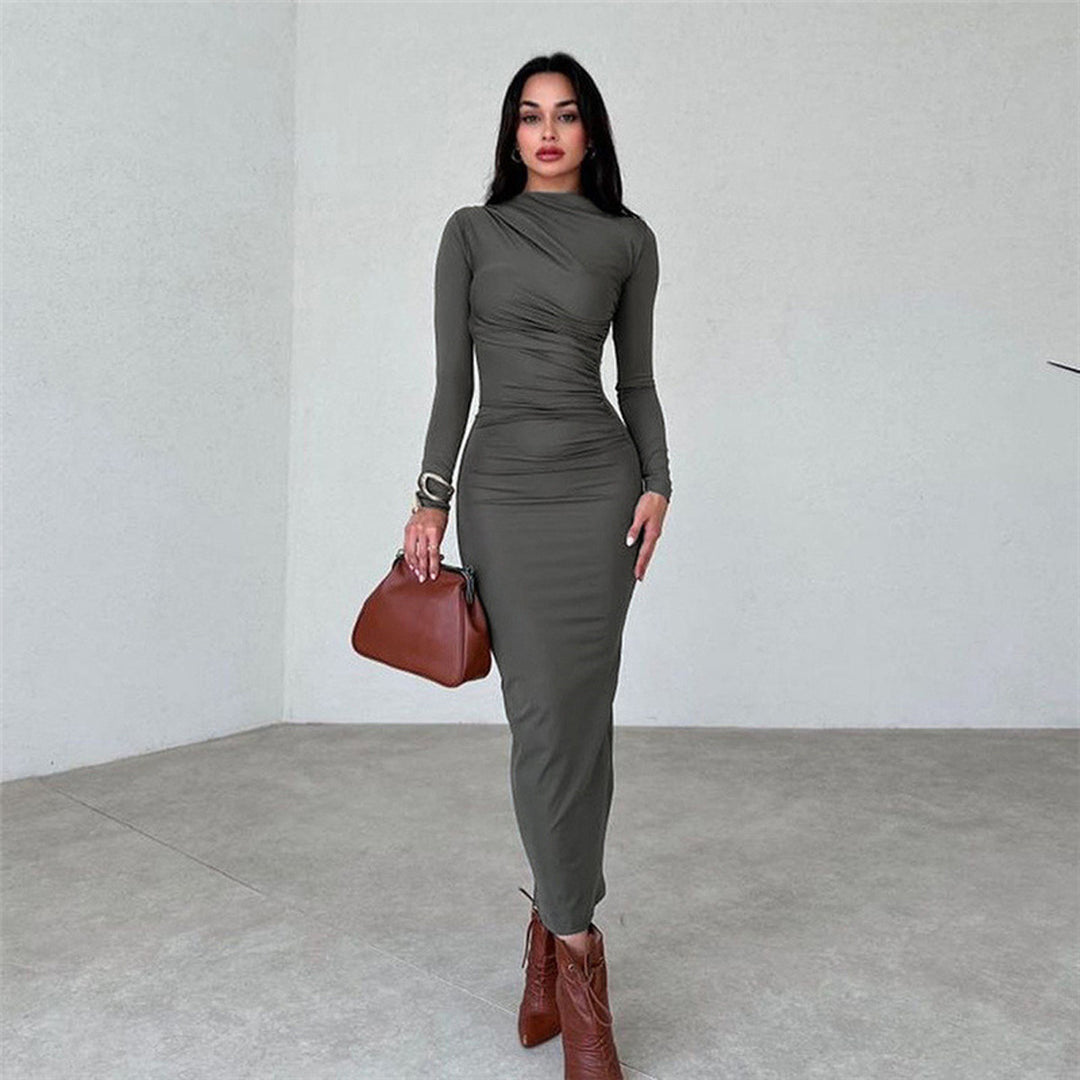 Damen figurbetontes Maxikleid mit hohem Kragen und seitlicher Raffung Nord Taschen