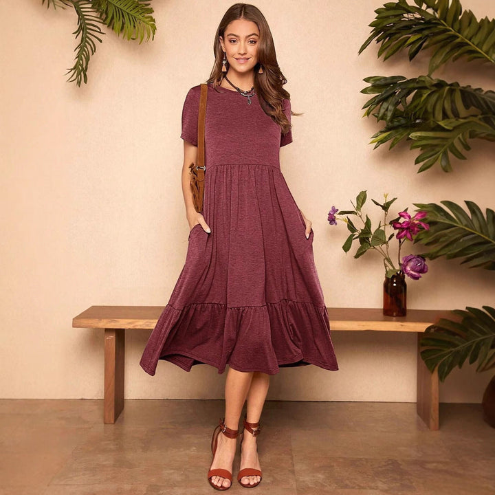 Damen lässiges Midikleid mit Taschen und voluminösen Rüschendetails