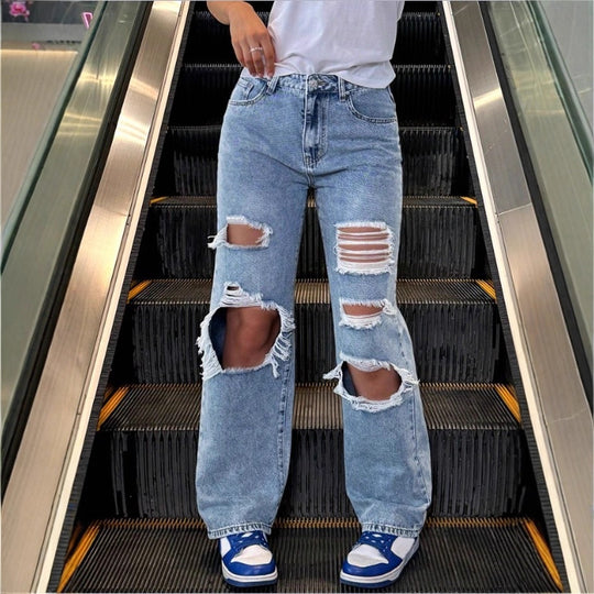 Damen High‑Waist Baggy-Jeans mit großflächigen Knie-Rips und geradem Bein Nord Taschen
