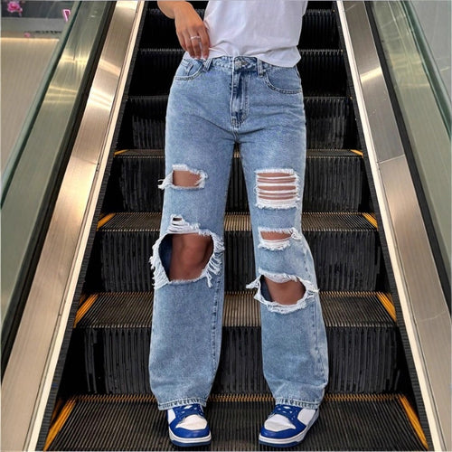 Damen High‑Waist Baggy-Jeans mit großflächigen Knie-Rips und geradem Bein Nord Taschen