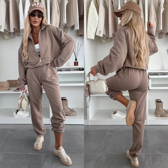 Damen kuscheliger Freizeit-Jogginganzug mit halbem Reißverschluss, Kängurutasche und elastischen Bündchen Nord Taschen