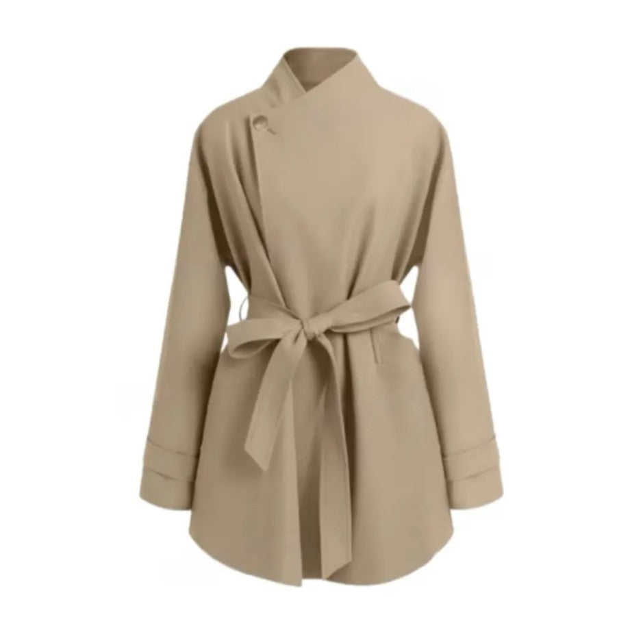 Damen Oversized Wickelbluse mit Stehkragen und Bindegürtel Nord Taschen