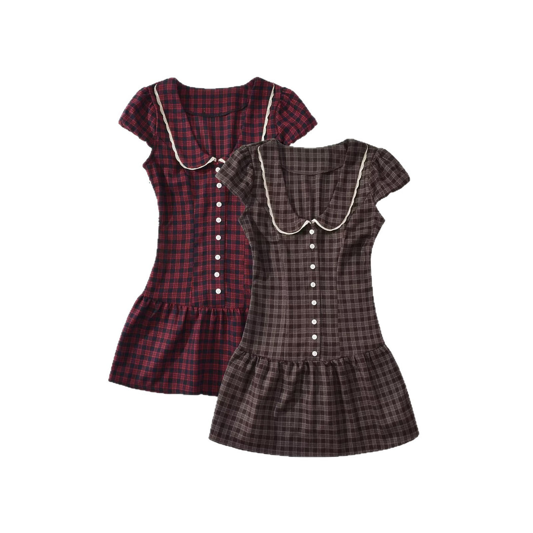 Damen Kariertes A-Linien-Minikleid mit kontrastierendem Bubikragen und Knopfleiste Nord Taschen