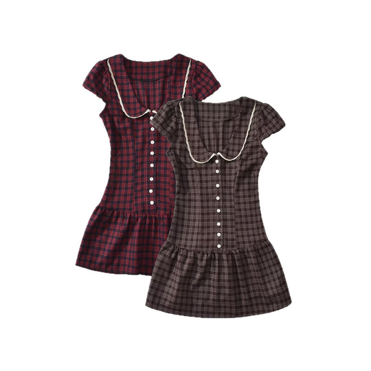 Damen Kariertes A-Linien-Minikleid mit kontrastierendem Bubikragen und Knopfleiste Nord Taschen