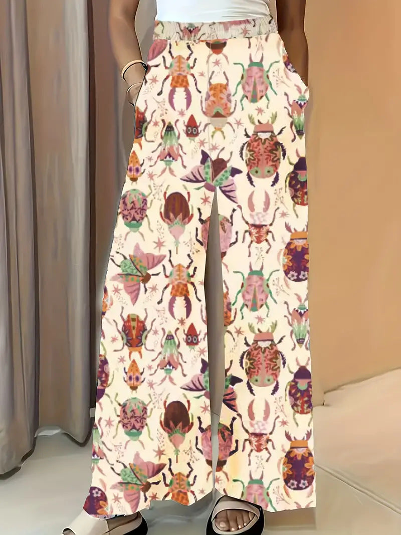 Damen Weite Palazzo-Hose mit elastischem Bund und auffälligem Käferprint Nord Taschen