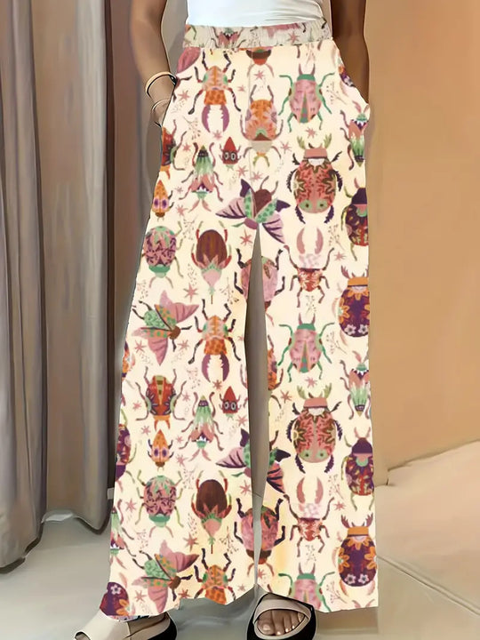 Damen Weite Palazzo-Hose mit elastischem Bund und auffälligem Käferprint Nord Taschen