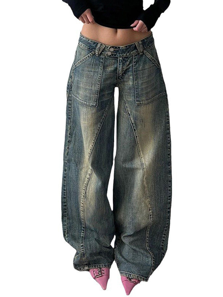 Damen weite Low-Rise Baggy-Jeans mit markanten V‑Nahtpaneelen und aufgesetzten Fronttaschen Nord Taschen