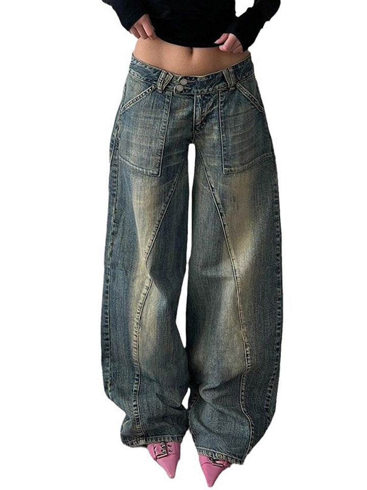 Damen weite Low-Rise Baggy-Jeans mit markanten V‑Nahtpaneelen und aufgesetzten Fronttaschen Nord Taschen