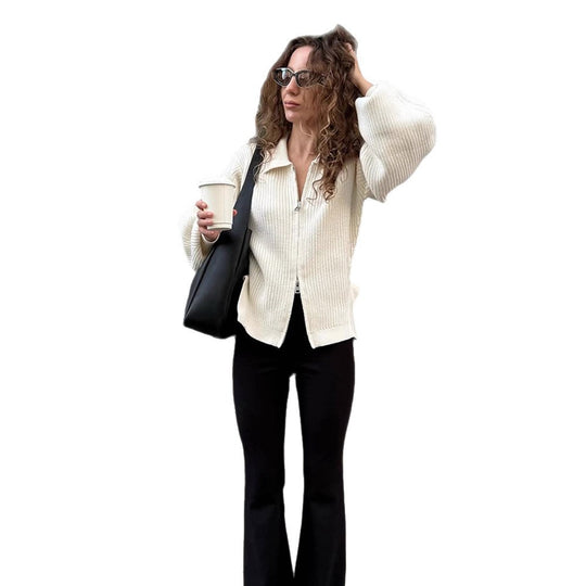Damen Gerippte Strickjacke mit Reißverschluss, Hemdkragen & Ballonärmeln Nord Taschen
