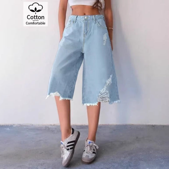 Damen Weite Denim-Culotte mit hohem Bund, Distressed-Details und rohem Saum Nord Taschen