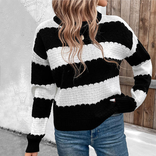 Damen Oversize-Fisherman-Strickpullover mit Blockstreifen, Ajourstruktur und gerippten Bündchen Nord Taschen
