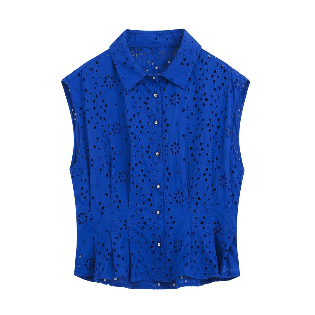 Damen Ärmellose Lochstickerei-Bluse mit Hemdkragen und Perlmuttknopfleiste Nord Taschen