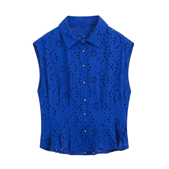 Damen Ärmellose Lochstickerei-Bluse mit Hemdkragen und Perlmuttknopfleiste Nord Taschen