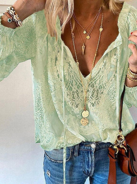 Damen Elegante und feminine Bluse mit V-Ausschnitt und Spitzenakzenten