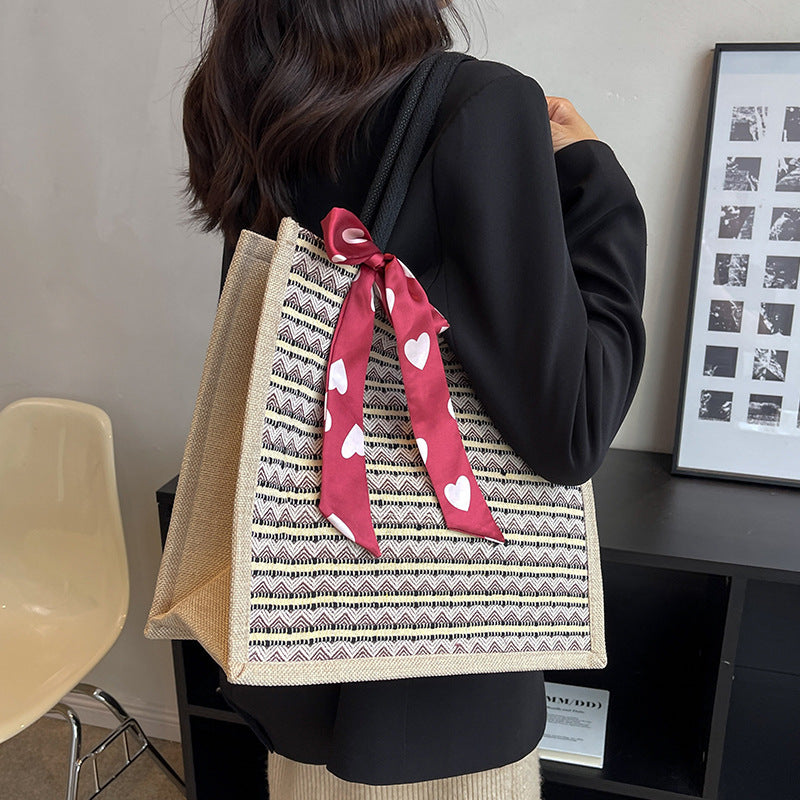 Damen Jute-Tasche mit buntem Muster und eleganter Schleife Nord Taschen