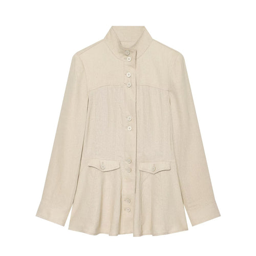 Damen Leichte Leinenoptik Hemdjacke mit Stehkragen, Knopfleiste und ausgestelltem Saum Nord Taschen