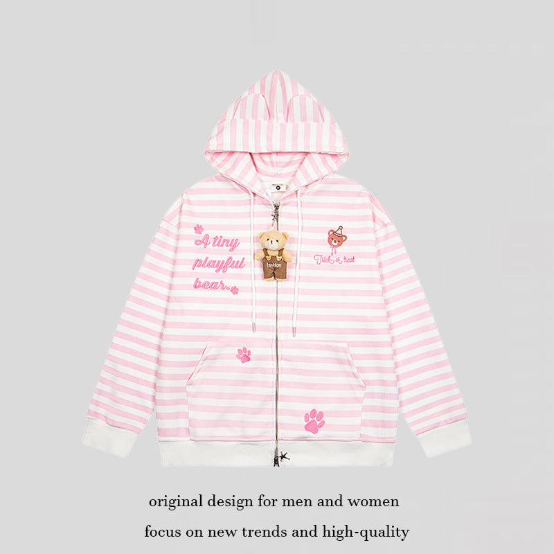 Damen Gestreifte Kapuzen-Sweatjacke mit Teddy-Anhänger, Ohren-Kapuze und Stickdetail Nord Taschen