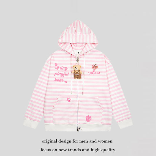 Damen Gestreifte Kapuzen-Sweatjacke mit Teddy-Anhänger, Ohren-Kapuze und Stickdetail Nord Taschen