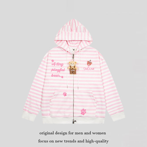 Damen Gestreifte Kapuzen-Sweatjacke mit Teddy-Anhänger, Ohren-Kapuze und Stickdetail Nord Taschen