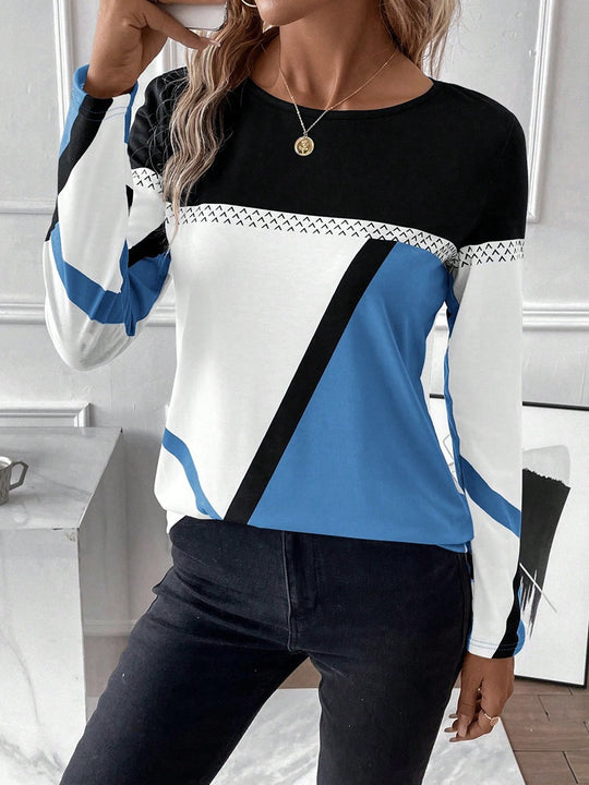 Damen Langarmshirt mit grafischem Colorblock-Design und Rundhals Nord Taschen