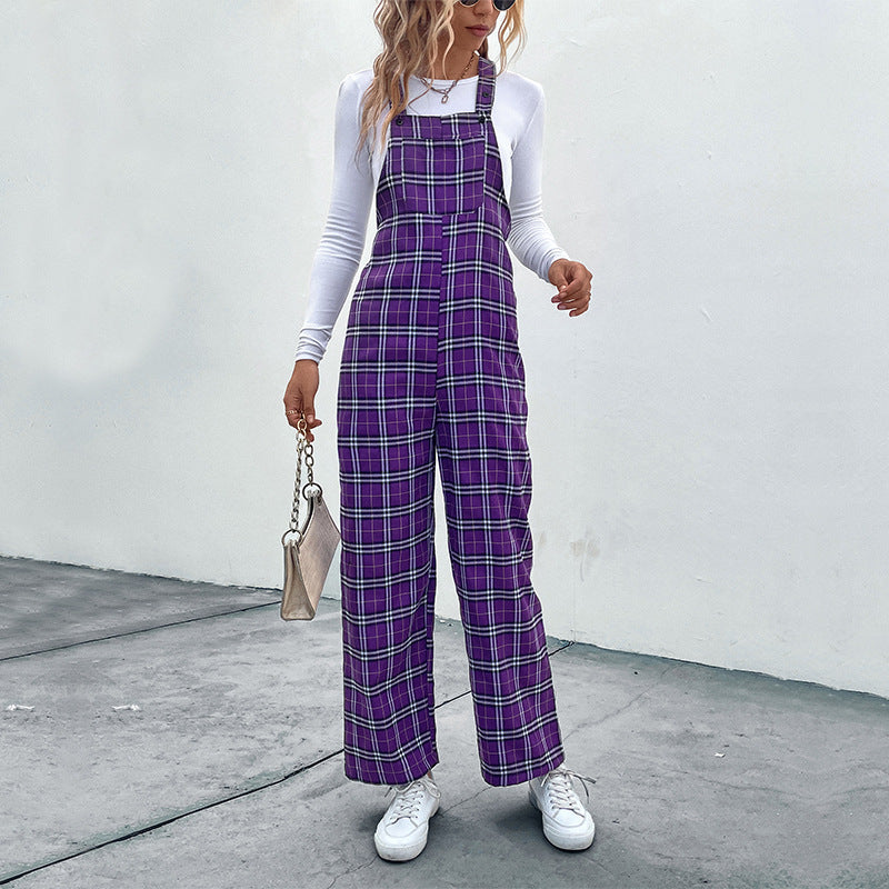 Damen Lässiger Karierter Jumpsuit mit breitem Bein und verstellbaren Trägern Nord Taschen
