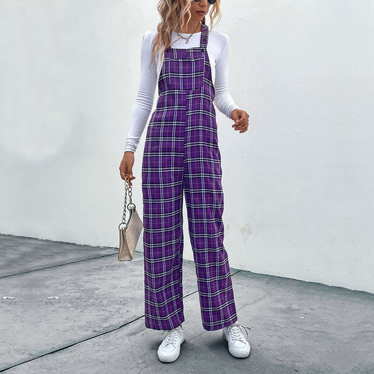 Damen Lässiger Karierter Jumpsuit mit breitem Bein und verstellbaren Trägern Nord Taschen