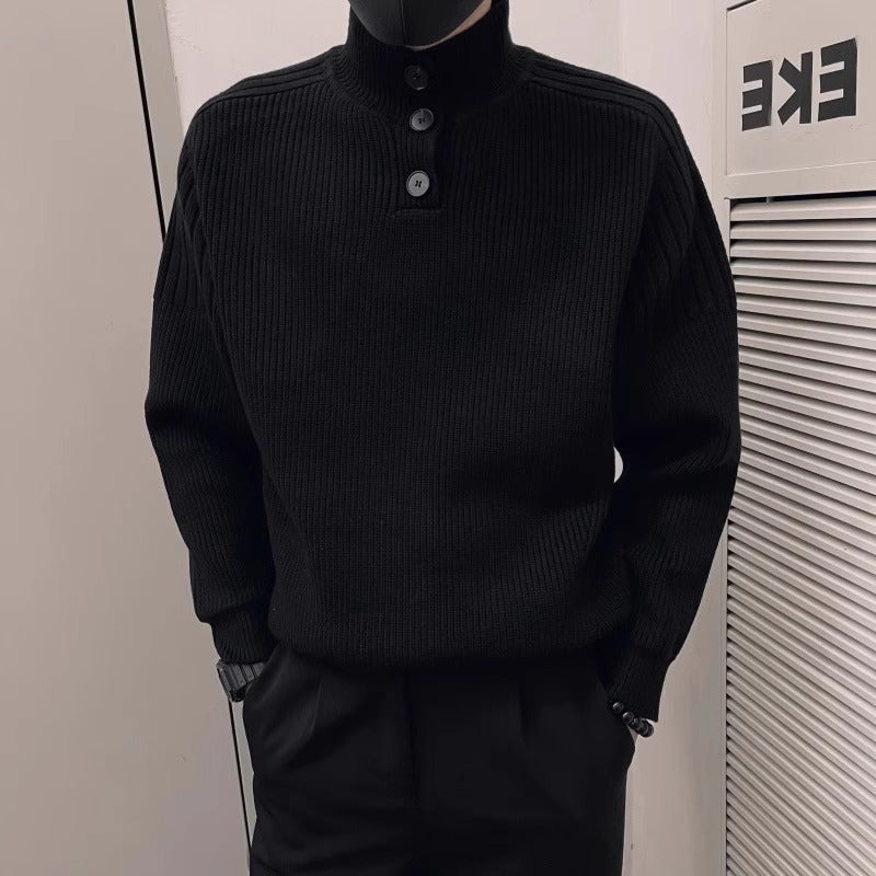 Herren Relaxed Rippstrick‑Pullover mit Halbknopf‑Stehkragen Nord Taschen