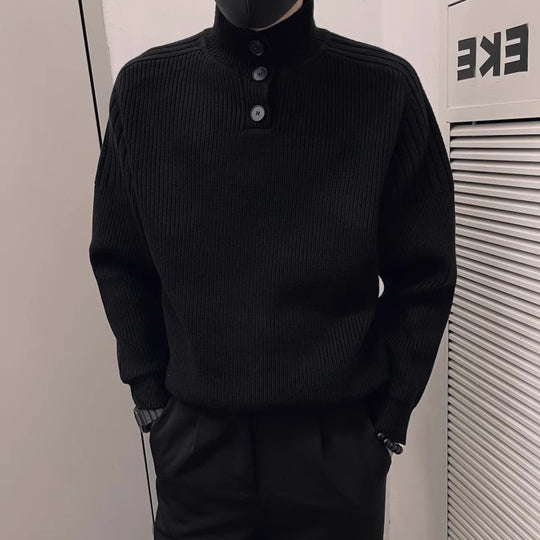 Herren Relaxed Rippstrick‑Pullover mit Halbknopf‑Stehkragen Nord Taschen
