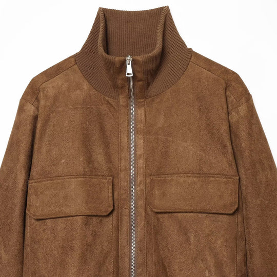 Damen Wildlederoptik-Bomberjacke mit Rippenkragen und aufgesetzten Taschen Nord Taschen